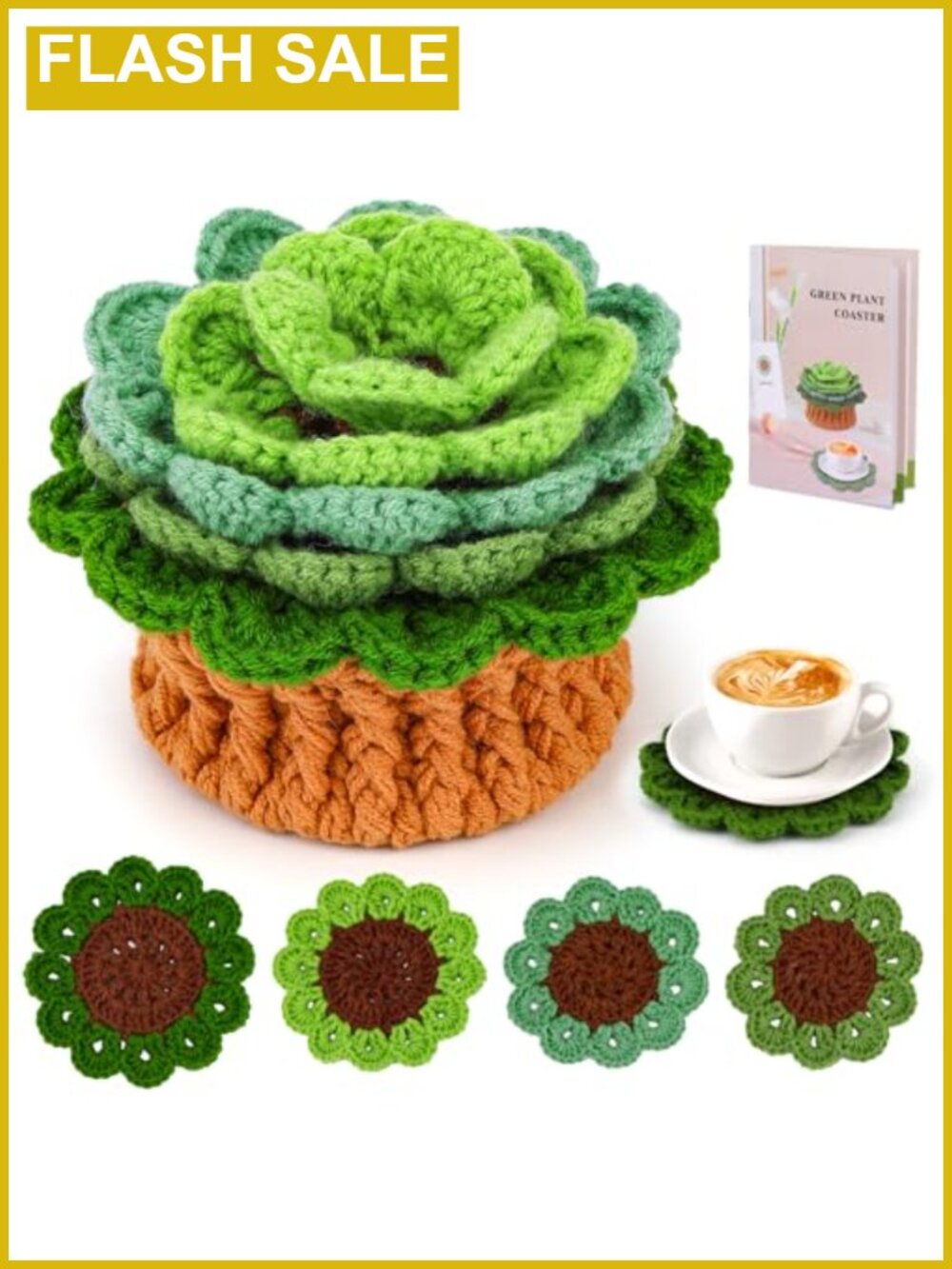 Crochet Kit for Beginners Green Plant Coasters Step-by-Step Video